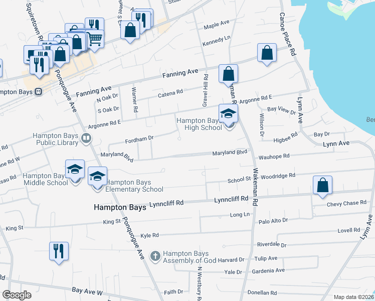 map of restaurants, bars, coffee shops, grocery stores, and more near 54 Maryland Boulevard in Hampton Bays