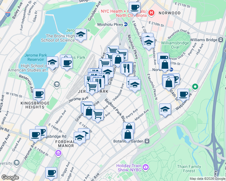 map of restaurants, bars, coffee shops, grocery stores, and more near in The Bronx