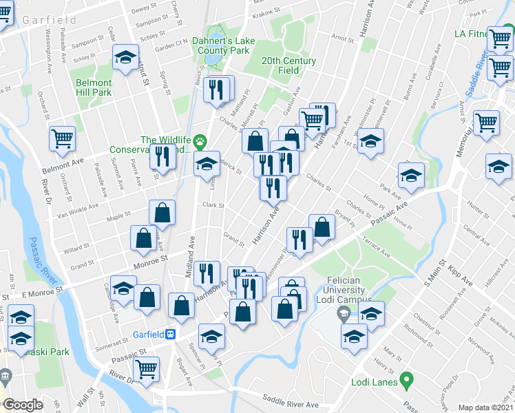 map of restaurants, bars, coffee shops, grocery stores, and more near 149 Macarthur Avenue in Garfield