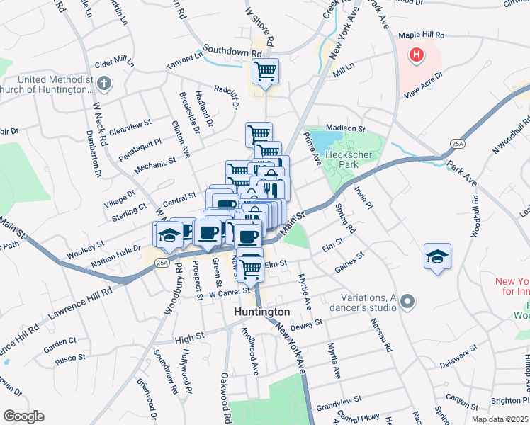 map of restaurants, bars, coffee shops, grocery stores, and more near 11 Stewart Avenue in Huntington