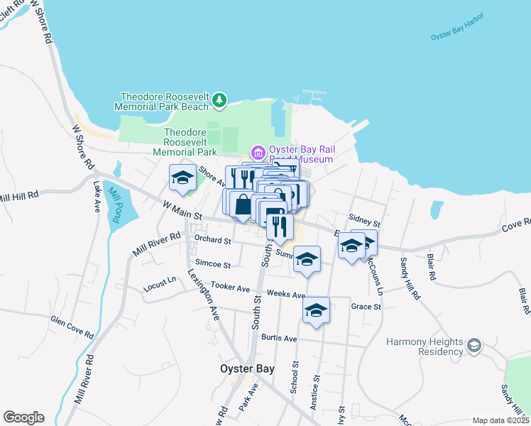 map of restaurants, bars, coffee shops, grocery stores, and more near 17 West Main Street in Oyster Bay