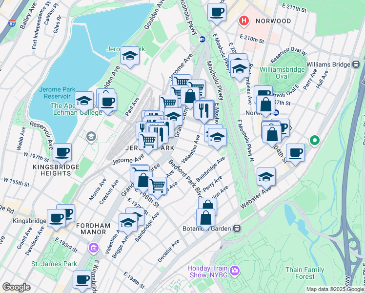 map of restaurants, bars, coffee shops, grocery stores, and more near in The Bronx
