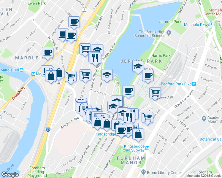 map of restaurants, bars, coffee shops, grocery stores, and more near in The Bronx