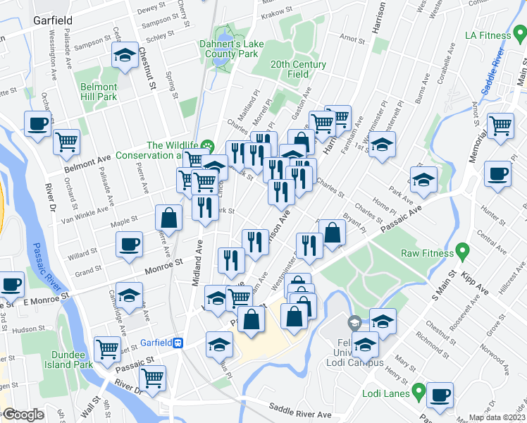 map of restaurants, bars, coffee shops, grocery stores, and more near 155 Harrison Avenue in Garfield