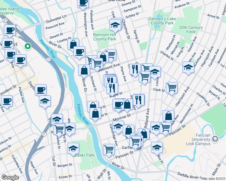 map of restaurants, bars, coffee shops, grocery stores, and more near 226 Palisade Avenue in Garfield