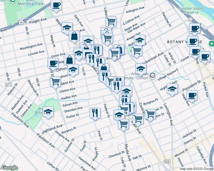 map of restaurants, bars, coffee shops, grocery stores, and more near 45 Hadley Avenue in Clifton