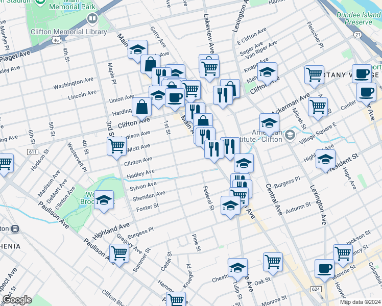 map of restaurants, bars, coffee shops, grocery stores, and more near 81 Hadley Avenue in Clifton