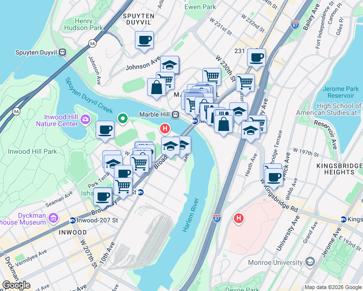 map of restaurants, bars, coffee shops, grocery stores, and more near 4610 Ninth Avenue in New York