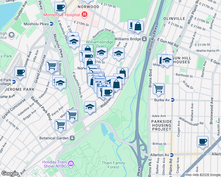 map of restaurants, bars, coffee shops, grocery stores, and more near 3135 Webster Avenue in The Bronx