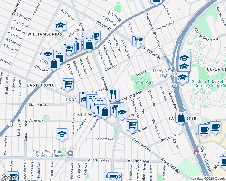 map of restaurants, bars, coffee shops, grocery stores, and more near 3118 Eastchester Road in Bronx