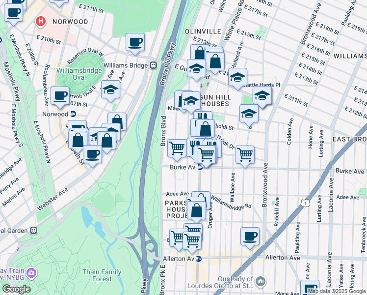 map of restaurants, bars, coffee shops, grocery stores, and more near 3241 Olinville Avenue in The Bronx