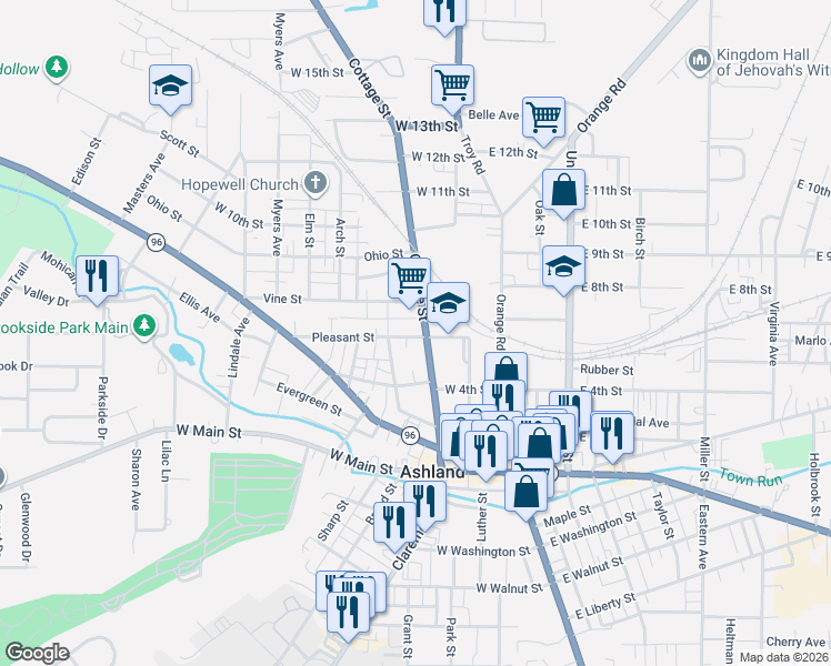 map of restaurants, bars, coffee shops, grocery stores, and more near 432 Cottage Street in Ashland