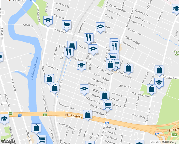 map of restaurants, bars, coffee shops, grocery stores, and more near 177 Bogert Street in Bogota