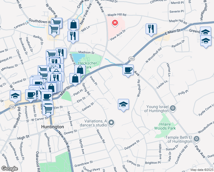 map of restaurants, bars, coffee shops, grocery stores, and more near 52 Jackson Avenue in Huntington