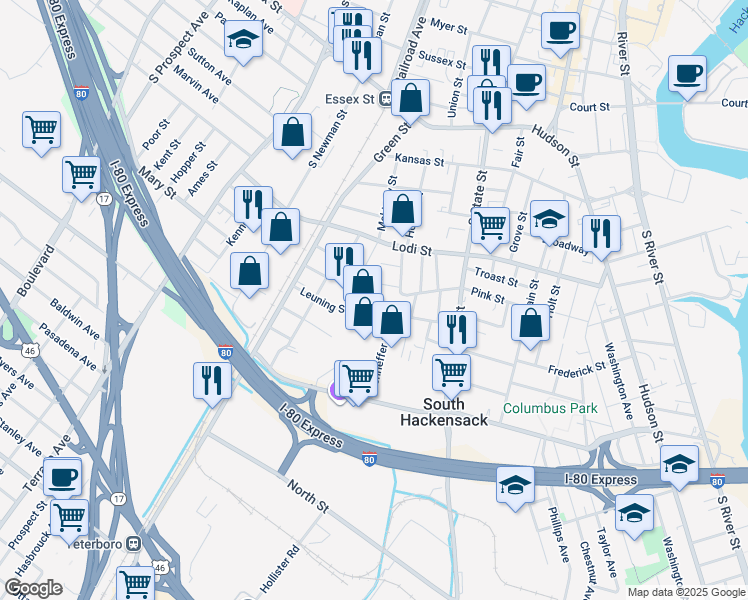 map of restaurants, bars, coffee shops, grocery stores, and more near 36 Elizabeth Street in Hackensack