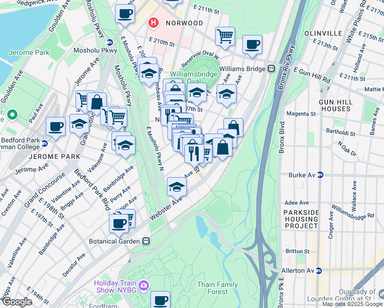 map of restaurants, bars, coffee shops, grocery stores, and more near 319 East 204th Street in The Bronx