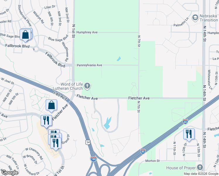 map of restaurants, bars, coffee shops, grocery stores, and more near 400 Fletcher Avenue in Lincoln