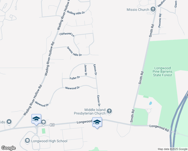 map of restaurants, bars, coffee shops, grocery stores, and more near 28 Eason Drive in Ridge