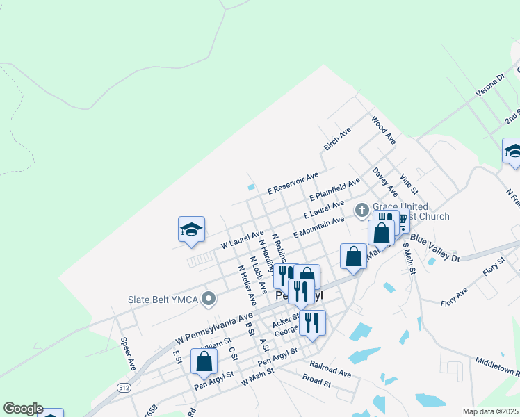 map of restaurants, bars, coffee shops, grocery stores, and more near 611 North Robinson Avenue in Pen Argyl