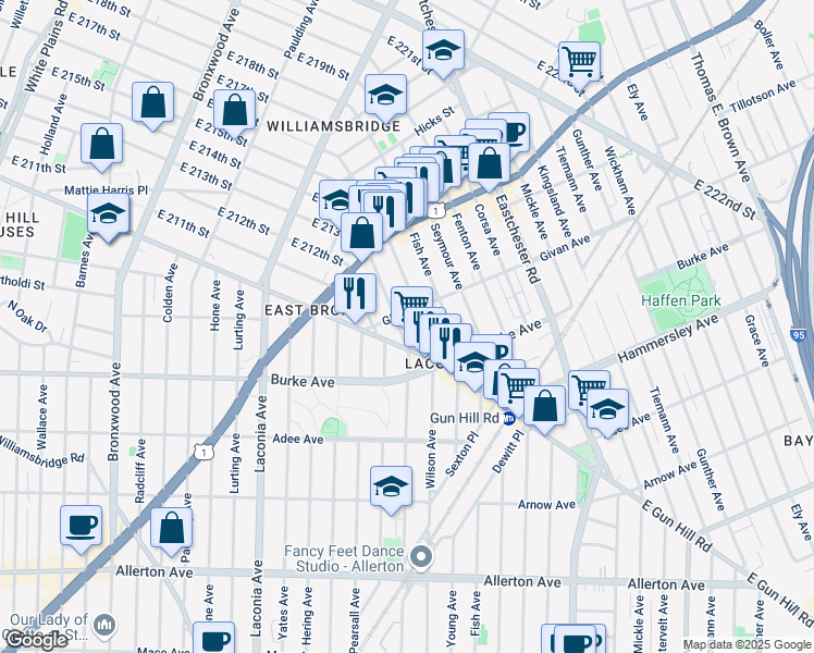 map of restaurants, bars, coffee shops, grocery stores, and more near 3300 Wilson Avenue in Bronx