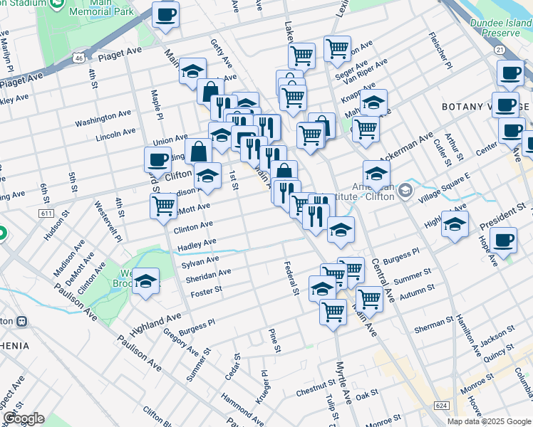map of restaurants, bars, coffee shops, grocery stores, and more near 25 Clinton Avenue in Clifton