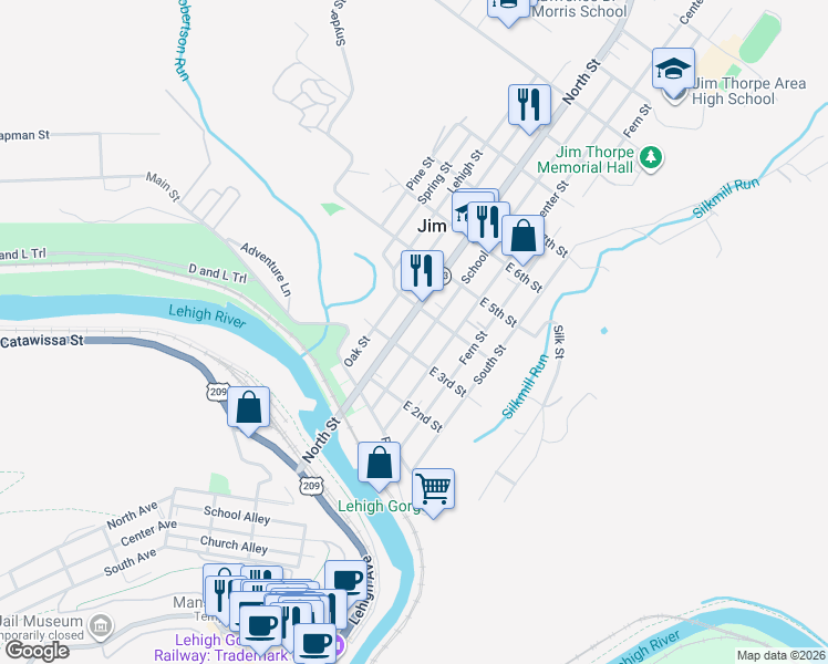 map of restaurants, bars, coffee shops, grocery stores, and more near 45 West 4th Street in Jim Thorpe