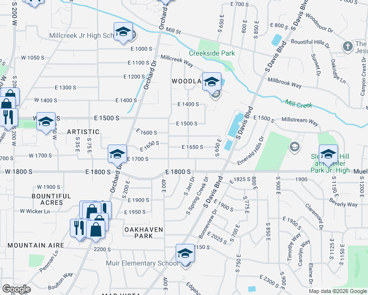 map of restaurants, bars, coffee shops, grocery stores, and more near 473 East 1650 South in Bountiful