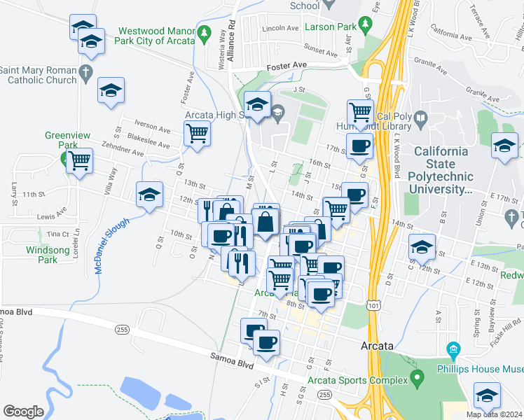 map of restaurants, bars, coffee shops, grocery stores, and more near 1450 M Street in Arcata