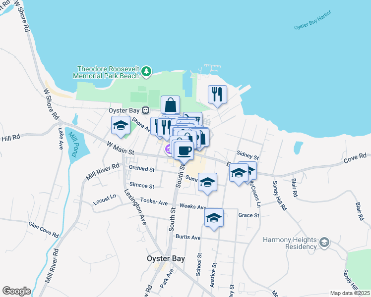 map of restaurants, bars, coffee shops, grocery stores, and more near 60 South Street in Oyster Bay