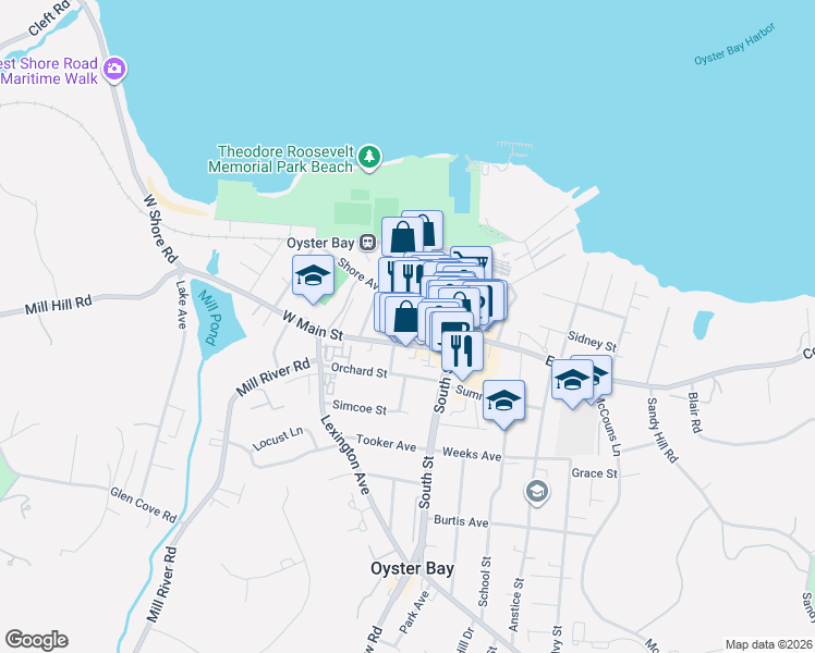 map of restaurants, bars, coffee shops, grocery stores, and more near 74 Audrey Avenue in Oyster Bay