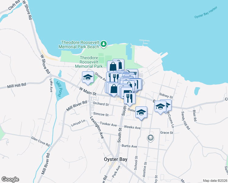 map of restaurants, bars, coffee shops, grocery stores, and more near 19 Spring Street in Oyster Bay