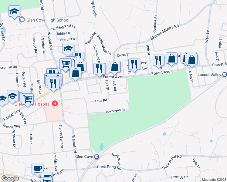 map of restaurants, bars, coffee shops, grocery stores, and more near 12 Club Road in Glen Cove