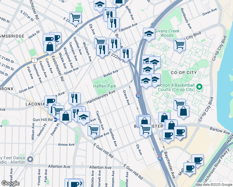 map of restaurants, bars, coffee shops, grocery stores, and more near in Bronx