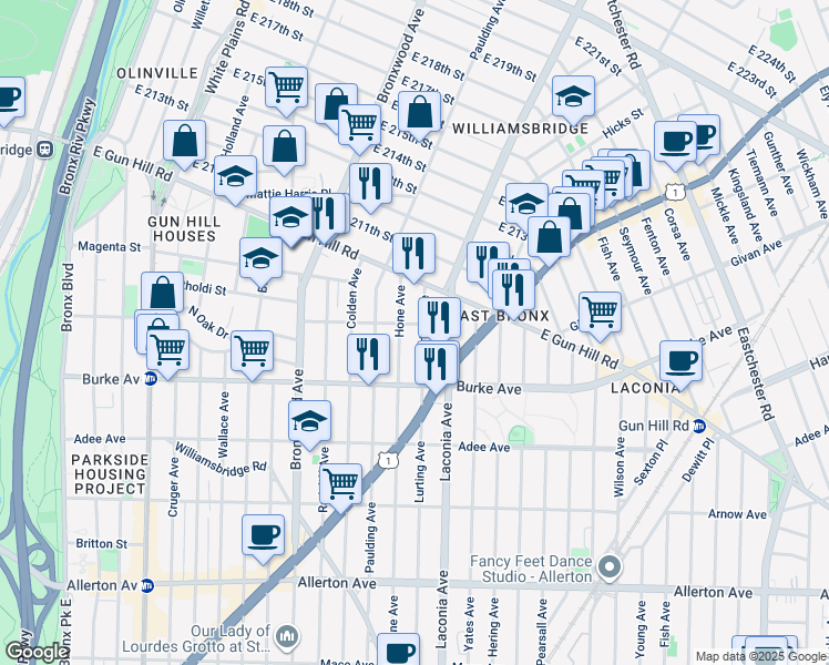 map of restaurants, bars, coffee shops, grocery stores, and more near 3320 Hone Avenue in Bronx