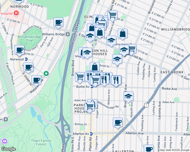 map of restaurants, bars, coffee shops, grocery stores, and more near 725 North Oak Drive in Bronx