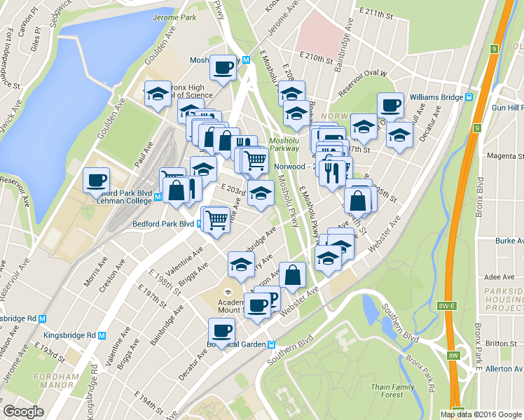 map of restaurants, bars, coffee shops, grocery stores, and more near 265 East 203rd Street in Bronx