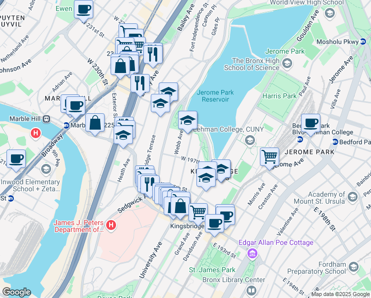map of restaurants, bars, coffee shops, grocery stores, and more near 2856 Webb Avenue in Bronx