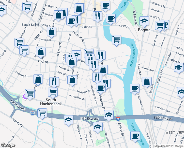 map of restaurants, bars, coffee shops, grocery stores, and more near 4 Marion Street in Hackensack