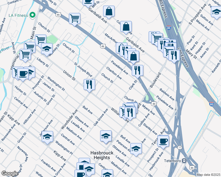 map of restaurants, bars, coffee shops, grocery stores, and more near 297 Church Street in Lodi