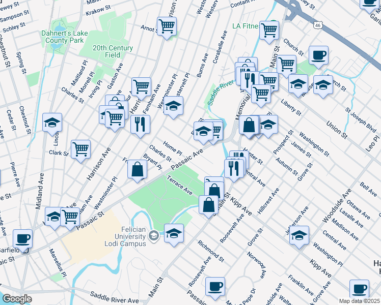 map of restaurants, bars, coffee shops, grocery stores, and more near 435 Passaic Avenue in Lodi