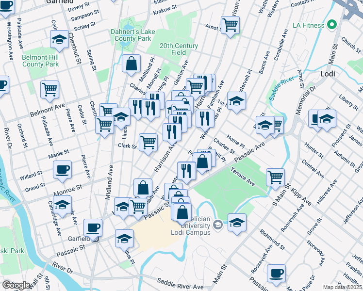 map of restaurants, bars, coffee shops, grocery stores, and more near 209 Harrison Avenue in Garfield