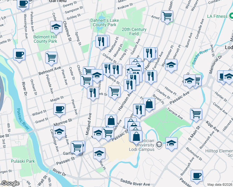 map of restaurants, bars, coffee shops, grocery stores, and more near 107 Frederick Street in Garfield