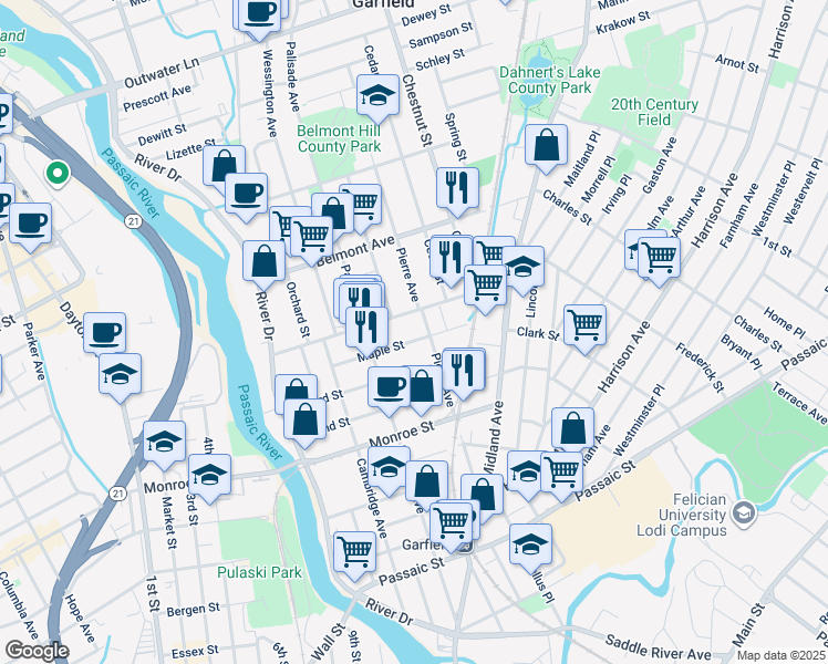 map of restaurants, bars, coffee shops, grocery stores, and more near 143 Pierre Avenue in Garfield