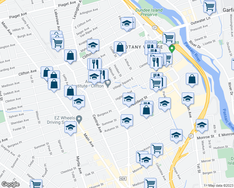 map of restaurants, bars, coffee shops, grocery stores, and more near 169 Lake Avenue in Clifton