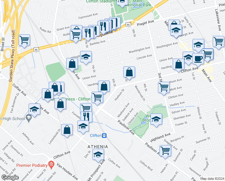 map of restaurants, bars, coffee shops, grocery stores, and more near 10 Hobart Place in Clifton