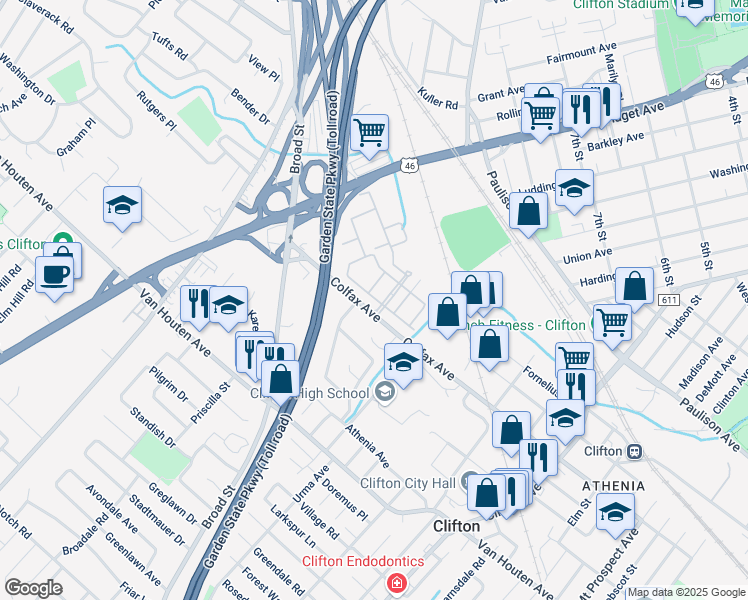 map of restaurants, bars, coffee shops, grocery stores, and more near 36 Barrister Street in Clifton