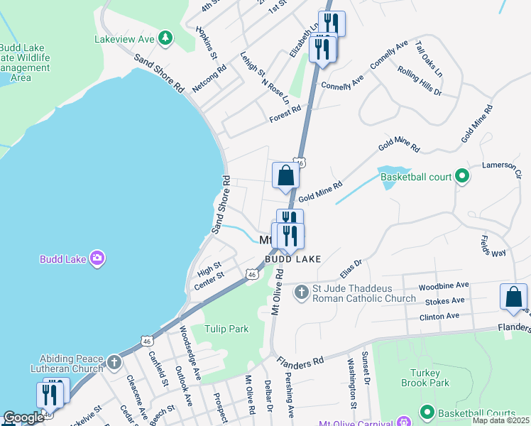 map of restaurants, bars, coffee shops, grocery stores, and more near 11 New Street in Mount Olive