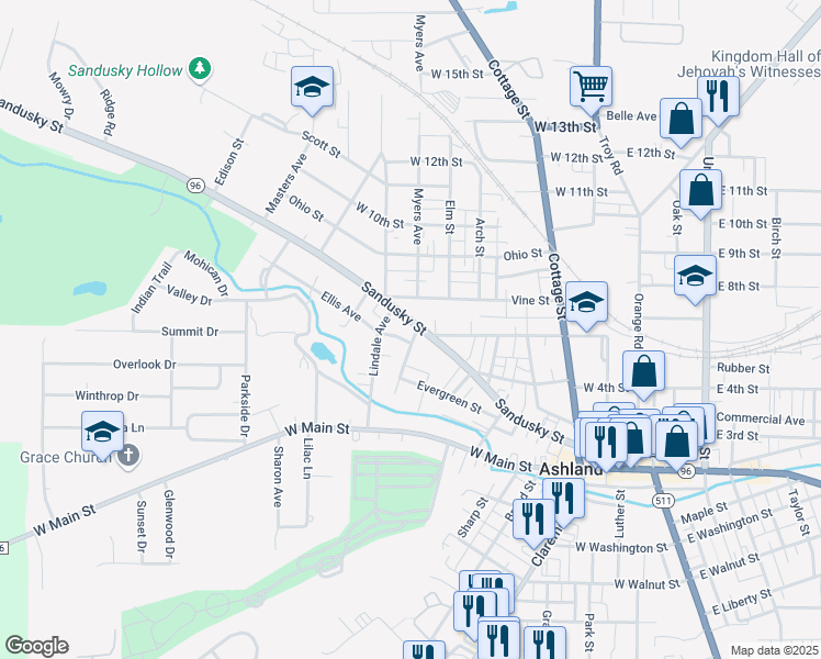 map of restaurants, bars, coffee shops, grocery stores, and more near 605 Vine Street in Ashland