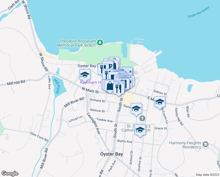 map of restaurants, bars, coffee shops, grocery stores, and more near 19 Spring Street in Oyster Bay