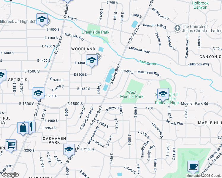 map of restaurants, bars, coffee shops, grocery stores, and more near 1588 Charlene Drive in Bountiful